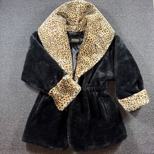 VTG Monterey Fashions Faux Fur Fleece Coat Women's‎ M Leopard Print Trim 80s USA